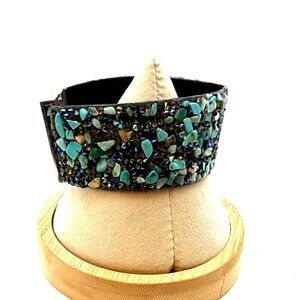 Wide Turquoise Chip Inlay Cuff Bracelet Blue Crystal Accent Statement